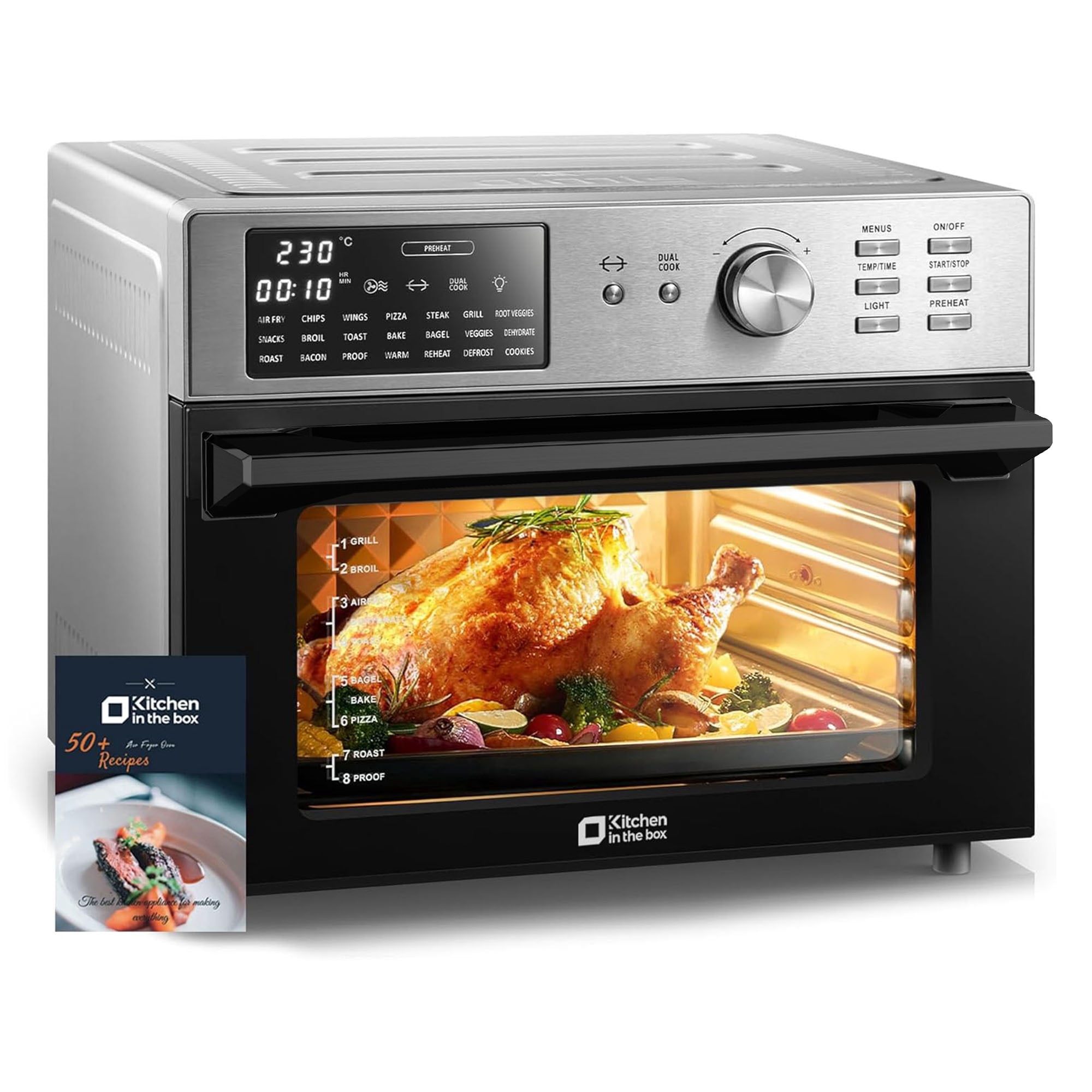 Kitchen in the Box 32QT Digital Air Fryer Toaster Oven Combo, 21-in-1 Convection Oven with Rotisserie & Dehydrate, Family-Size Countertop Oven with 6 Accessories, 1800W, Silver
