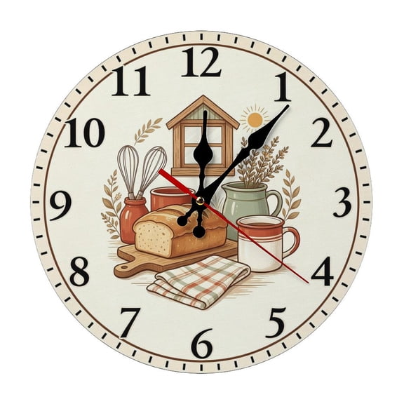 Kitchen Bread & Utensils Clock 5mm Thick Solid Wood Wall Clock, Quiet Quartz Movement Easy Install Hanging Clock