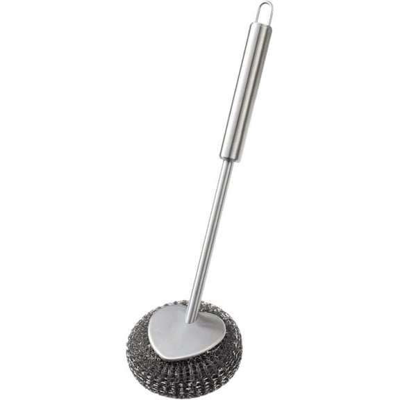 Kitchen Brush Skillet Scrubber Steel Scrubber with Handle Metal Scouring Pads Dish Scrubber for Dishes Counters Stovetops, 26cm