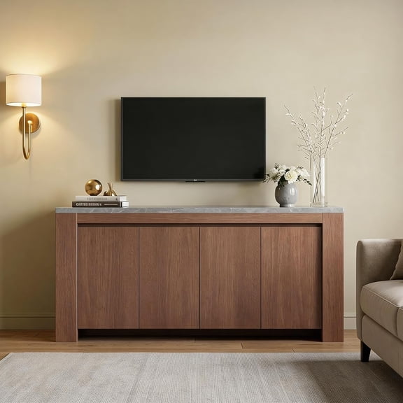 Kitchen Buffet Cabinet with Storage, Large Sideboard Storage Cabinet with 4 Doors and Faux Marble Top, Modern Accent Cabinet Console Table TV Stand for Living Room Dining Room, Walnut