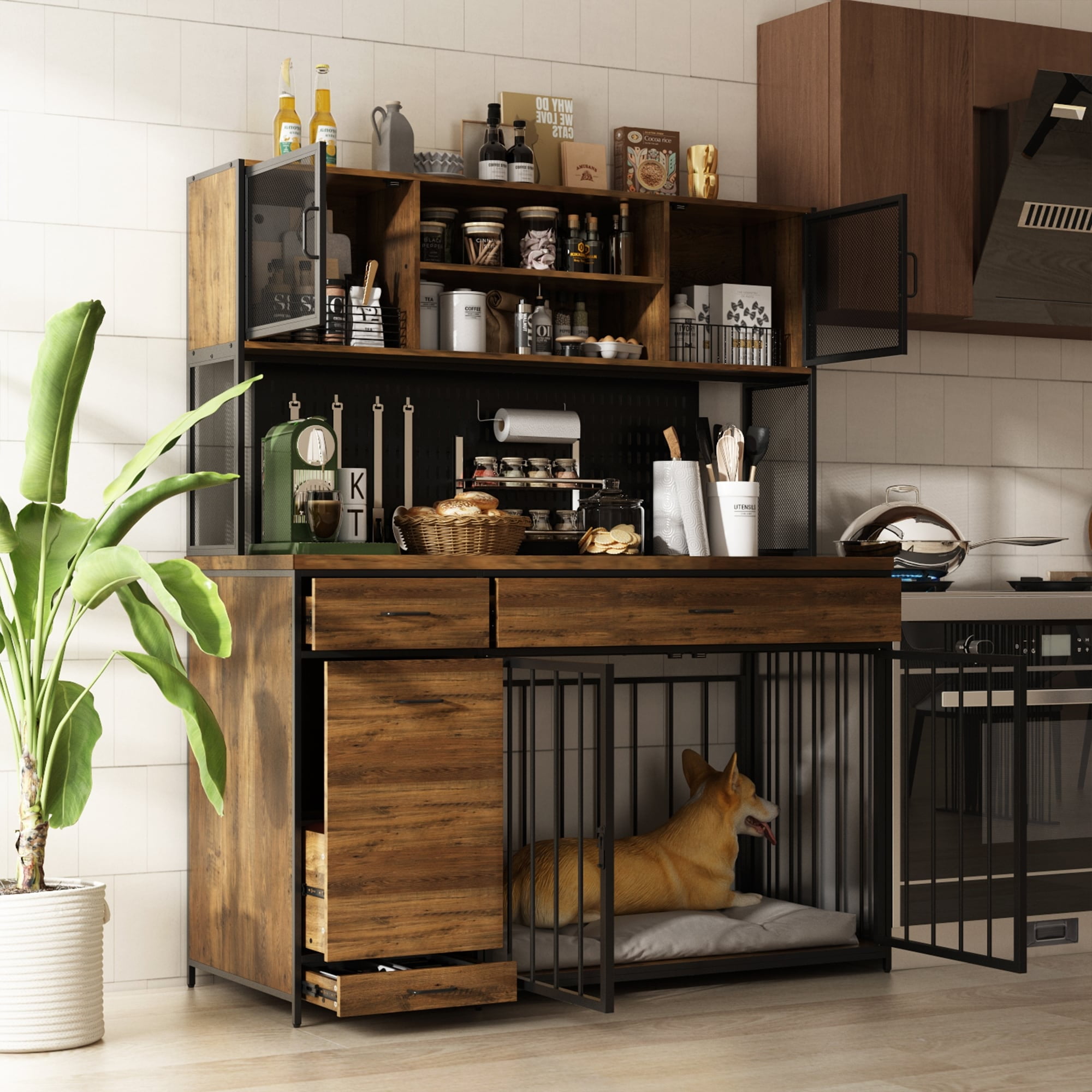 Kitchen Buffet Cupboard Dog Crate Furniture with 4 Drawers & Shelves