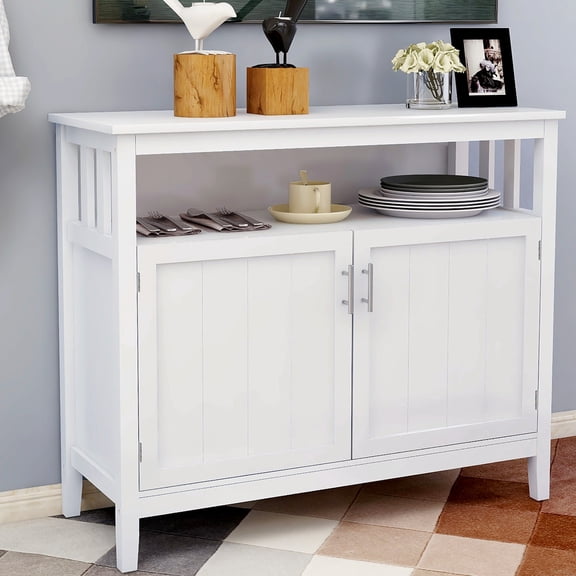 Kitchen Buffet Server Cabinet In White. E1 Build. Coated Surface For Durability. Spacious Storage With Adjustable Shelves. Easy Assembly All Parts. Safe Magnetic Door Construction. Components