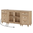 thumbnail image 1 of Kitchen Buffet Sideboard Cabinet with 2 Glass Doors, Mid-Century Cupboard & End Table with Charging Station, 3-in-1 Console Table Entertainment Center for Living Room and Dining Room, Oak, 1 of 6