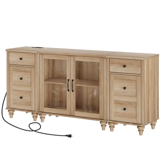 Kitchen Buffet Sideboard Cabinet with 2 Glass Doors, Mid-Century Cupboard & End Table with Charging Station, 3-in-1 Console Table Entertainment Center for Living Room and Dining Room, Oak