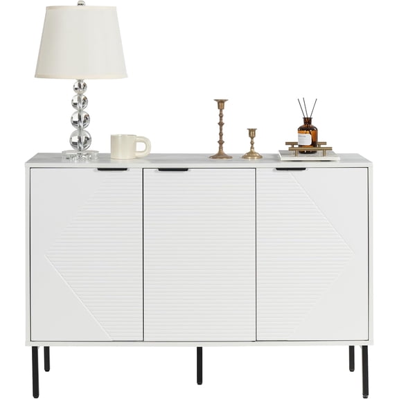 Kitchen Buffet Storage Cabinet, Modern 3 Door Coffee Bar with Shelves, Wooden Fluted Entryway Cabinet for Dinning Room, Living Room (1, Embossed White)