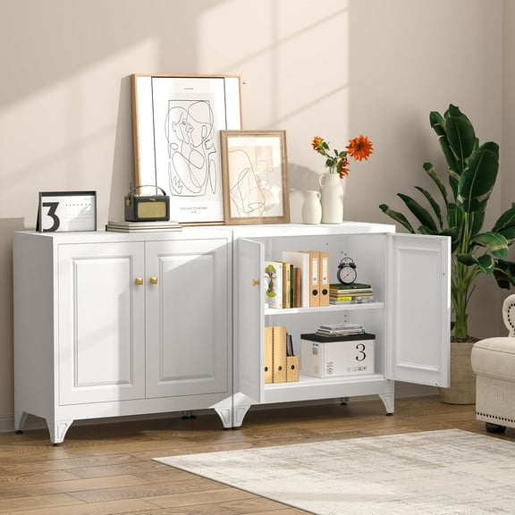 Kitchen Buffet Table with Storage, 33" Tall Sideboard with Doors and Adjustable Shelves, Metal Buffet Cabinet, Modern Coffee Bar Console Cabinet for Living, Dining Room, White, Assemble Required