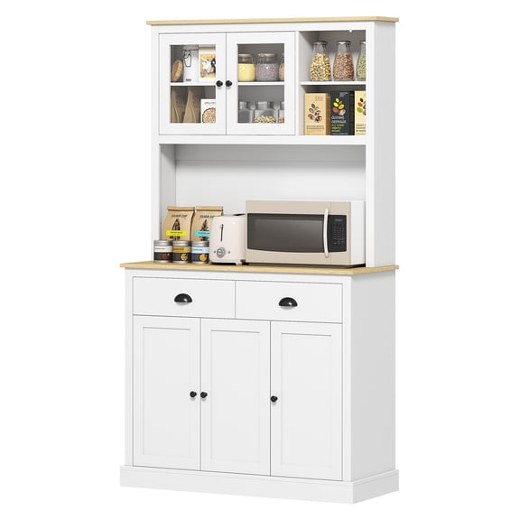 Kitchen Cabinet, 71" Pantry Cabinet, Modern Hutch with Countertop, Adjustable Shelves, White & Oak Finish, Wide Storage for Kitchen or Dining Room
