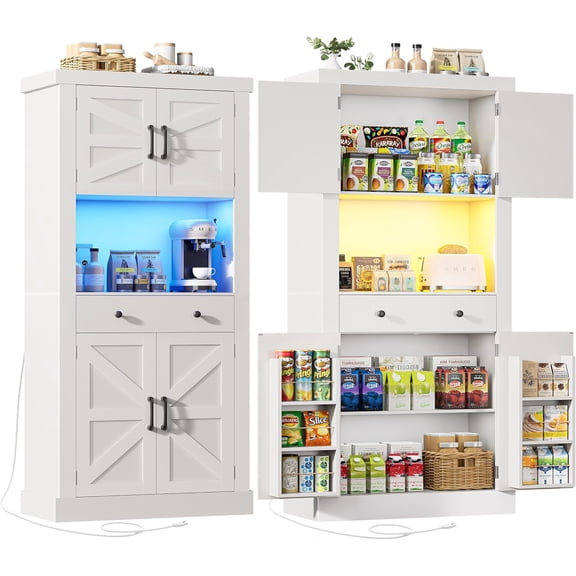 Kitchen Cabinet, 72.8" Tall Pantry Storage Cabinet with Outlet & LED Light, Cupboard Food Pantry Cabinet with 4 Doors 1 Large Drawers & Microwave Stand for Kitchen, Dining Room, White