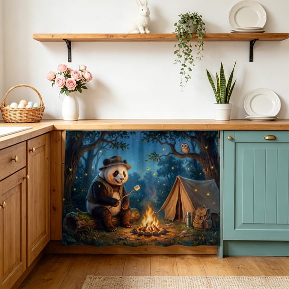 Kitchen Cabinet Curtains Camping Panda Sink Skirt for Bathroom Abstract Cute Animal Tent Owl Night Dishwasher Curtain Cover Under Desk Curtain Skirt Privacy Drape for Classroom Laundry Decor 28"x35"