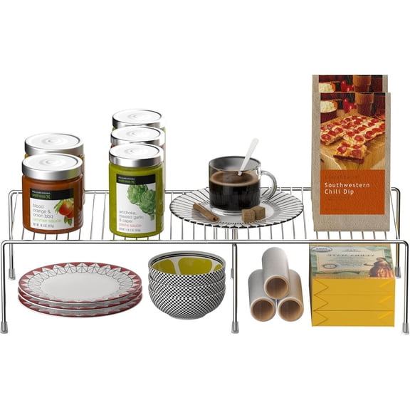 Kitchen Cabinet Expandable Shelf Organizers Set of 2, Adjustable Metal Wire Pantry Storage Shelves, Plate Dish Organizer Rack for Cabinets, Cupboard, Counter, Freezer, Countertop, Chrome