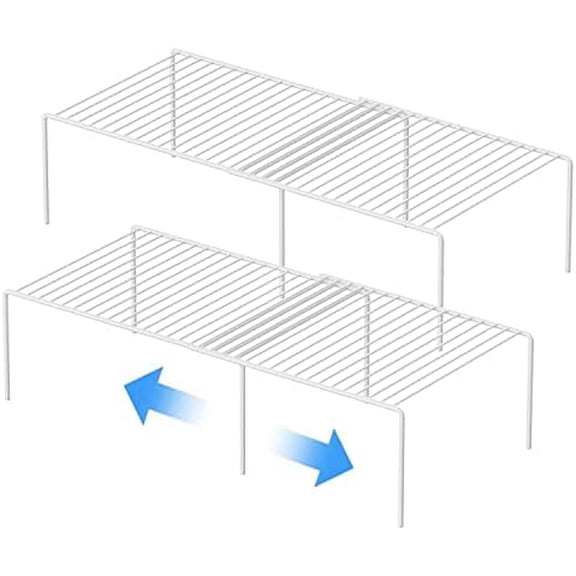 Kitchen Cabinet Expandable Shelf Organizers Set of 2, Adjustable Metal Wire Pantry Storage Shelves, Plate Dish Organizer Rack for Cabinets, Cupboard, Counter, Freezer, Countertop, White