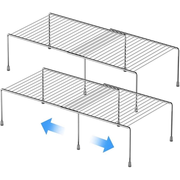 Kitchen Cabinet Expandable Shelf Organizers Set of 2, Adjustable Metal Wire Pantry Storage Shelves, Plate Dish Organizer Rack for Cabinets, Cupboard, Counter, Freezer, Countertop, Chrome