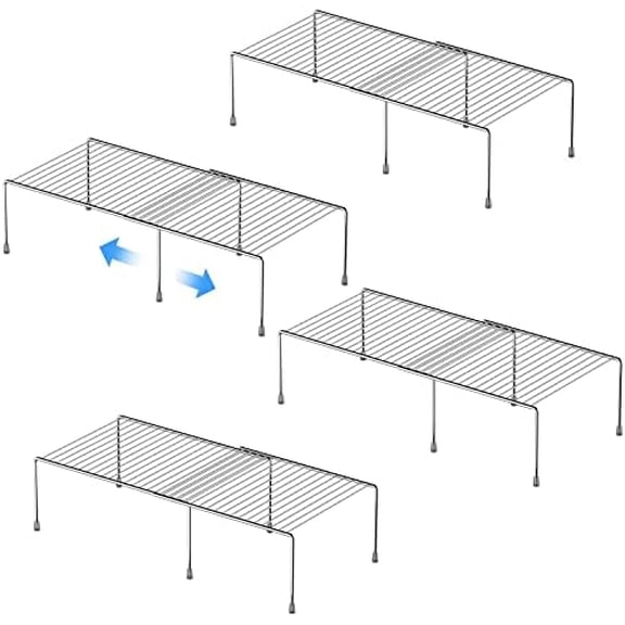 Kitchen Cabinet Expandable Shelf Organizers Set of 4, Adjustable Metal Wire Pantry Storage Shelves, Plate Dish Organizer Rack for Cabinets, Cupboard, Counter, Freezer, Countertop, Chrome
