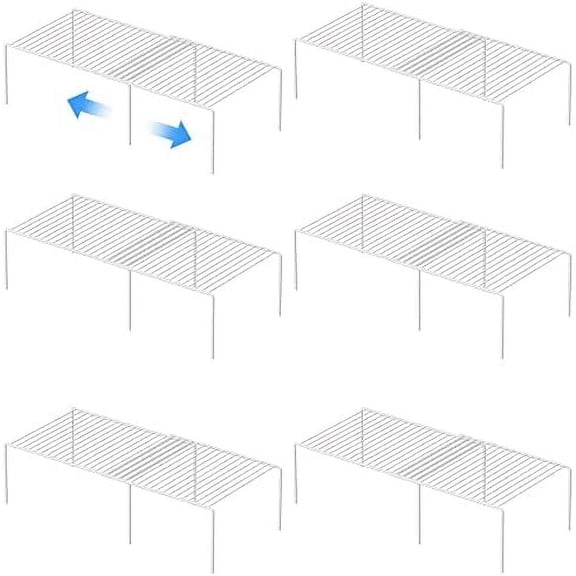 Kitchen Cabinet Expandable Shelf Organizers Set of 6, Adjustable Metal Wire Pantry Storage Shelves, Plate Dish Organizer Rack for Cabinets, Cupboard, Counter, Freezer, Countertop, White