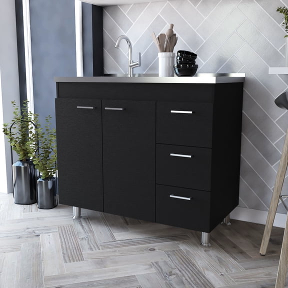 Kitchen Cabinet In Black With Stainless Steel Top And Three Drawer Options Spacious Surface Consistency