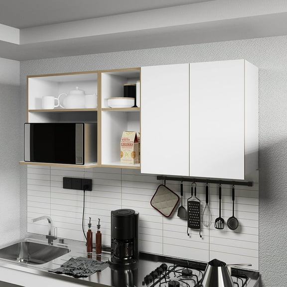 Kitchen Cabinet In Natural Oak & White With Microwave Accommodation, Open Shelf Combinations Double-door Enclosures