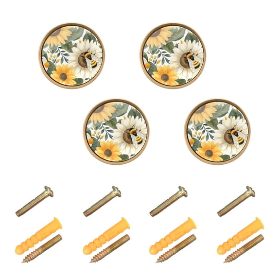 Kitchen Cabinet Knobs Bee and Sunflowers Cabinet Handles Zinc 1.25 inch Diameter 4 Pcs