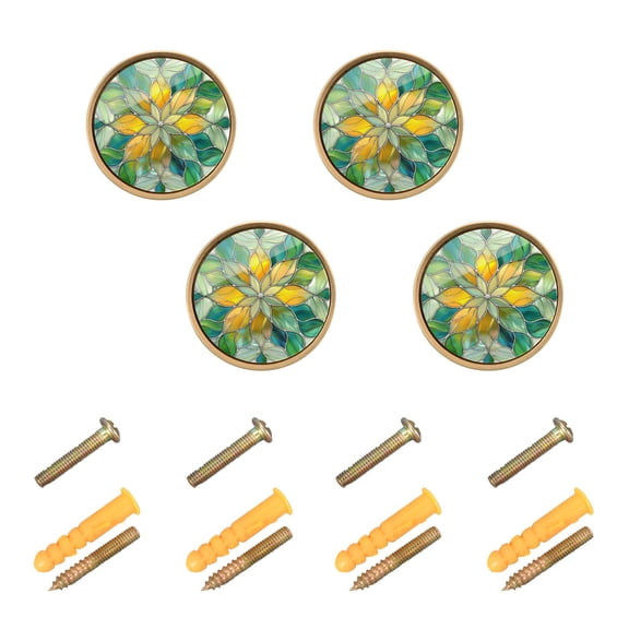 Kitchen Cabinet Knobs Cabinet Handles 1.25 inch Diameter Zinc Alloy Abstract Yellow Green Floral Stained Glass 4 Pack