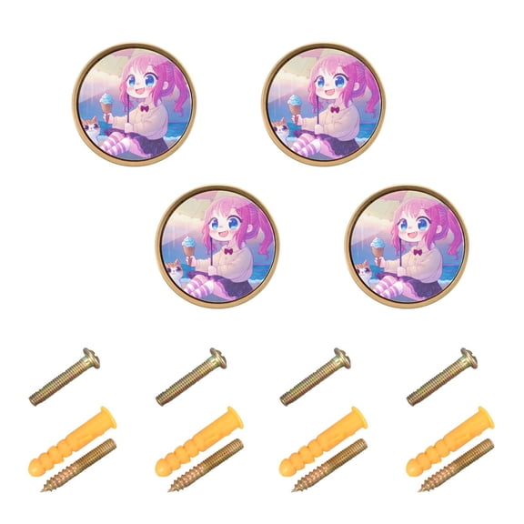 Kitchen Cabinet Knobs Cabinet Handles 1.25 inch Diameter Zinc Alloy Cute Girl and Cat on Beach 4 Pack