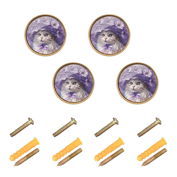 Kitchen Cabinet Knobs Cabinet Handles 1.25 inch Diameter Zinc Alloy Elegant Cat with Lilac Flowers Hat 4 Pack
