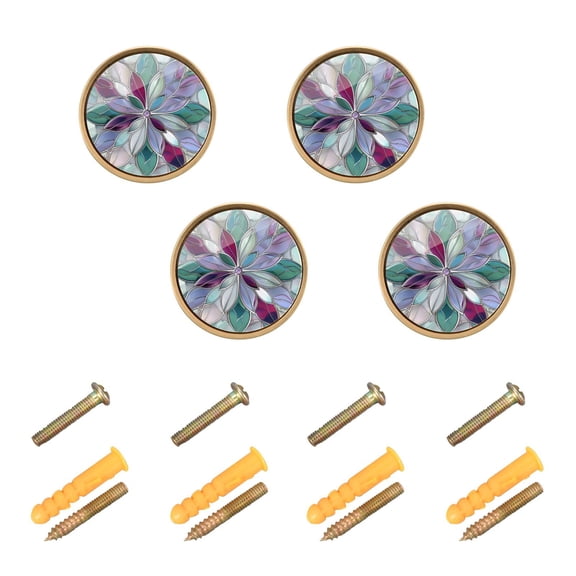 Kitchen Cabinet Knobs Cabinet Handles 1.25 inch Diameter Zinc Alloy Violet Red Floral Stained Glass 4 Pack