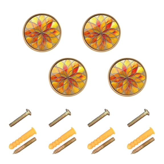 Kitchen Cabinet Knobs Cabinet Handles 1.25 inch Diameter Zinc Alloy Yellow Red Floral Stained Glass 4 Pack