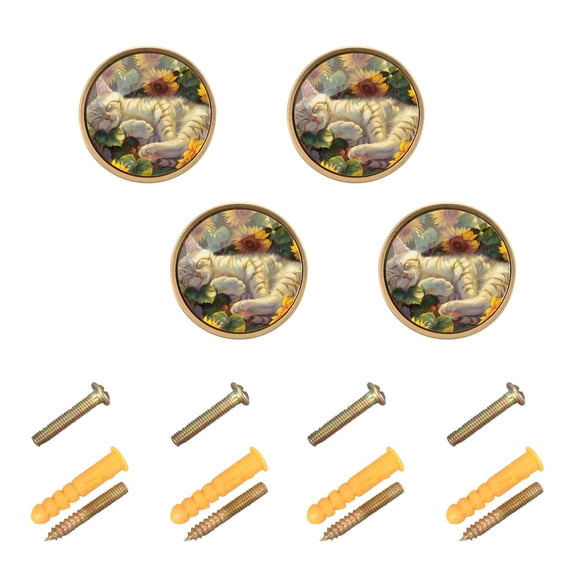 Kitchen Cabinet Knobs Cat Sleeping in Sunflowers Cabinet Handles Zinc 1.25 inch Diameter 4 Pcs