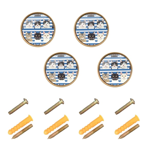 Kitchen Cabinet Knobs Cats with Blue White Striped Cabinet Handles Zinc 1.25 inch Diameter 4 Pcs