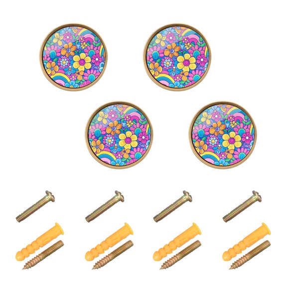 Kitchen Cabinet Knobs Groovy Rainbow and Flowers Cabinet Handles Zinc 1.25 inch Diameter 4 Pcs