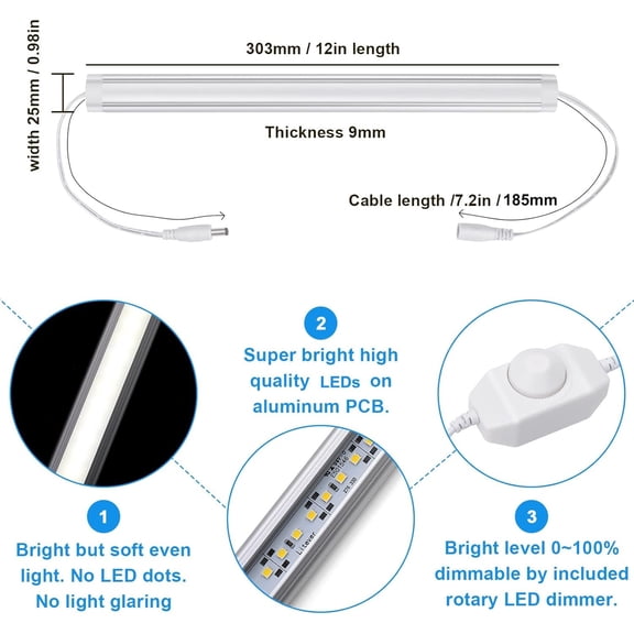Kitchen Under Cabinet LED Lighting Kit, Super Bright, 6 PCS 12 Inches Light Bars, Plug-in or Hardwire Power Adapter, 31W 2000 Lumen, for Cabinet Counter Shelf Workbench (Daylight White 5000K)