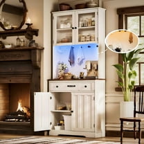 71" Kitchen Pantry Cabinet with LED Light and Power Outlet, Lofka Coffee Bar Cabinet with Glass Doors & Drawer & Adjustable Shelves for Dining Room,White