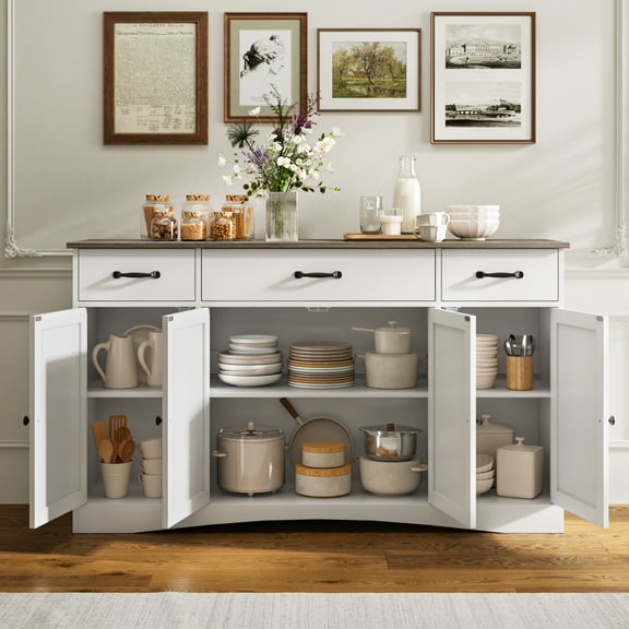 Kitchen Cabinet, Lofka Sideboard Buffet Cabinet with Storage Plenty of Space | Spacious 55.1" W x 15.2" D x 31.9" H, White & Grey