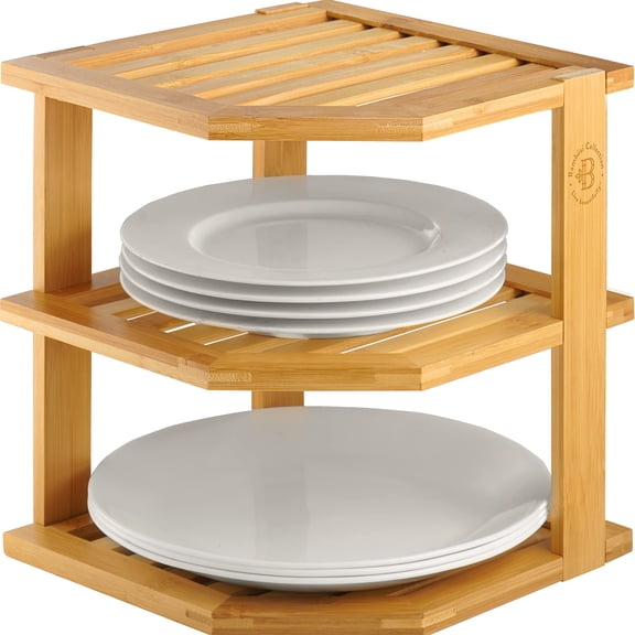 Kitchen Cabinet Organizer 3-Tier Corner Shelf Storage Rack, Plate Organizer for Cabinet, Holds Plates Bowls Mugs Cups, Corner Cabinet Organizer