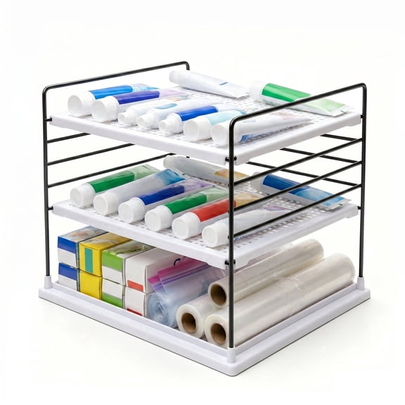 Adjustable 3-Tier Kitchen Wrap Organizer Rack for Cabinet and Countertop, Foil and Plastic Wrap Organizer for Aluminum Foil, Parchment Paper, Wax Paper and Food Storage Bag Boxes, White