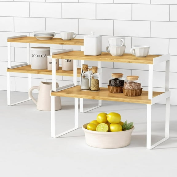 Kitchen Cabinet Organizer Shelf Set of 4, Large Stackable Pantry Cupboard Countertop Storage and Organizer, Desk Shelf Riser, Spice Plate Cup Expandable Storage Rack (Bamboo White)