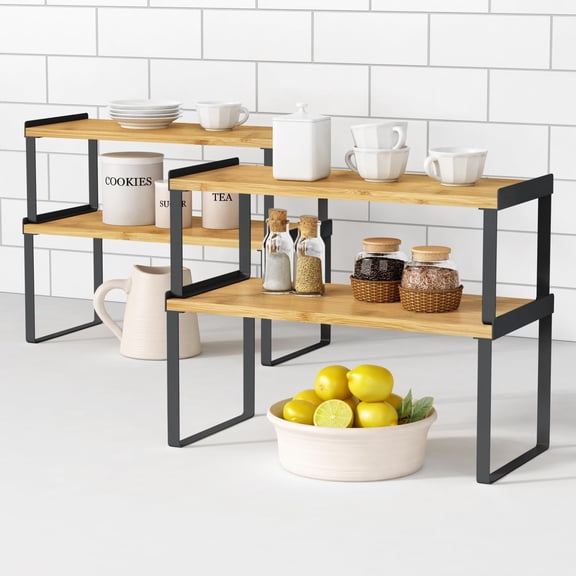 Kitchen Cabinet Organizer Shelf Set Of 4  Stackable Pantry Cupboard Countertop Storage And Desk Riser Spice Plate Cup Expandable Rack (black Bamboo) Large
