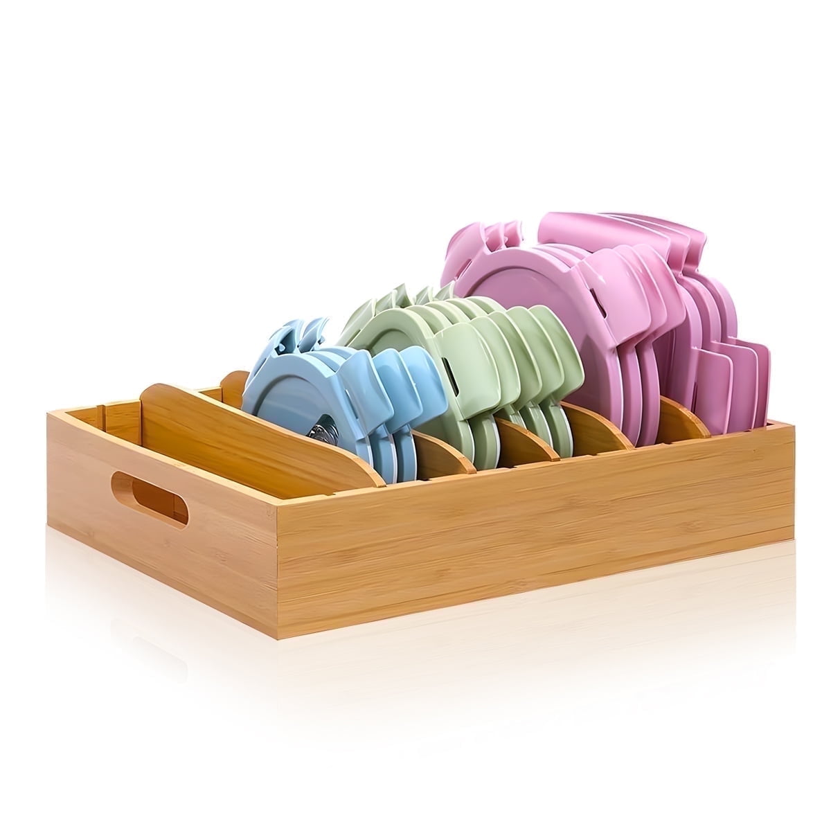 Kitchen Cabinet Organizer for Food Storage Container Lids with Adjustable Dividers Bamboo Drawer Caddy Box for Kitchen Storage And Organization