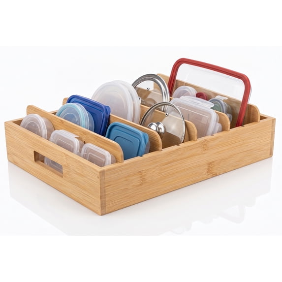 Kitchen Cabinet Organizer for Food Storage Container Lids with Adjustable Dividers Bamboo Drawer Caddy Box for Kitchen Storage And Organization