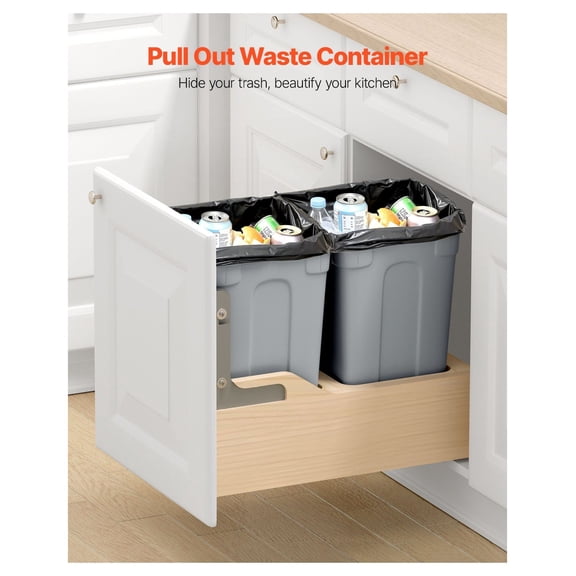 Kitchen Cabinet Pull Out Trash Can 35QT x2, Under Sink Garbage Recycling Bin, Wood Frame, Soft Close Sliding System with Door Kit, Under Mount Waste Container