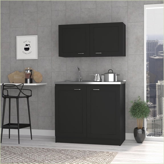Kitchen Cabinet Set with Sink & Faucet, Shaker Style | Black | Particle Board