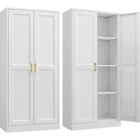 Kitchen Cabinet Storage,60”Metal Pantry Cabinet with Doors and 3 Adjustable Shelves,Food Pantry Cabinets with 2 Gold Handles,White Tall Storage Cabinet for Livingroom,Pantry,Bathroom,Kitchen