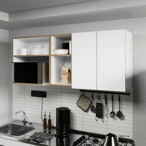 Kitchen Cabinet With Microwave Compartment, Open Shelf Varieties & Double-door Cabinets In Natural Colors Unions