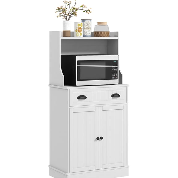 Kitchen Cabinet with Hutch | Hold Microwave, Toaster, Coffee Maker | Beadboard Design for Style | Easy - clean Painted MDF