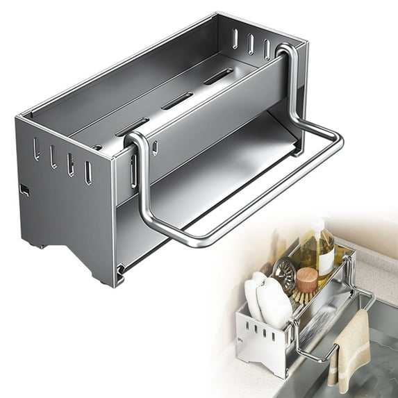 Kitchen Caddy Sink Organizer, Space-Saving Sink Caddy with Brush Holder, Kitchen Countertop Organizers and Storage Essentials, Rustproof & Slip Resistant, C