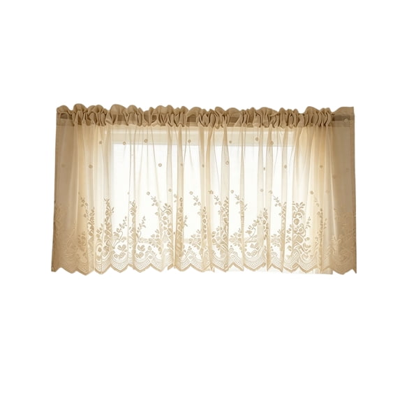 Kitchen Cafe Curtains, Sheer Lace Short Tiers 55x24in Rod Pocket Finished Voile Drapes for Small Windows Bathroom and Cafe Bistro Window Treatments, Beige