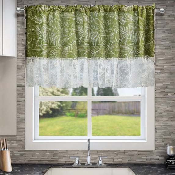 Kitchen Cafe Curtains, Short Curtains for Windows, Leaf Floral Print Non-see-Through Privacy 59x24 Inch Lace Edge Tier Curtains for Kitchen and Bedroom(A)