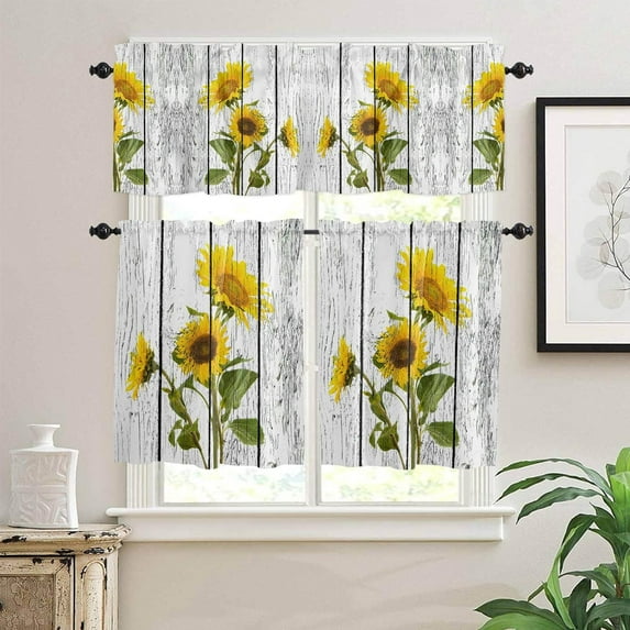 Kitchen Cafe Curtains Valance and Tiers Set-24in Length,Yellow Sunflowers Blossoming Florals Rod Pocket Short Window Curtain Treatment 3 Piece for Living Room Bathroom Bedroom,Retro Shabby Wood Grain