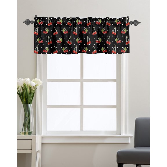 Kitchen Cafe Valance Curtain for Small Windows,Abstract Cherry Fruit and Leaves Rod Pocket Valances White Dot on Black Retro Texture Window Treatment Panel for Living Room/Bedroom/Bathroom,42x12in