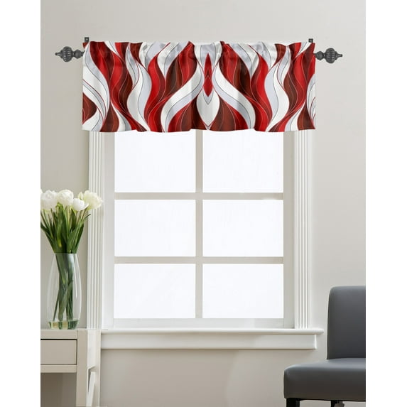 Kitchen Cafe Valance Curtain for Small Windows,Abstract Geometric Wave Stripes Rod Pocket Short Valances Burgundy Red White Gradient Window Treatment Panel for Living Room/Bedroom/Bathroom,42x12in