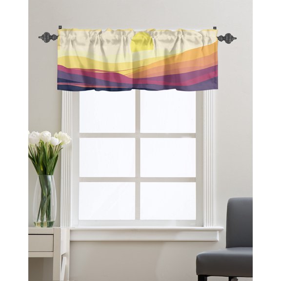 Kitchen Cafe Valance Curtain for Small Windows,Abstract Nature Sunset Landscape Rod Pocket Short Valances Geometric Stripe Mountain Window Treatment Panel for Living Room/Bedroom/Bathroom,42x12in